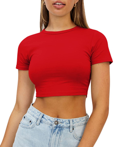 INDEX APPAREL Women's Green Crop <b>Top</b> Crew Neck Short Sleeve Slim Fit Solid Color Casual Summer Wear - Product Image 5