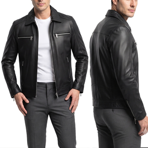 Blouson en cuir pour homme, style motard, boutonné, col montant, veste en cuir tendance pour homme - Product Image 4