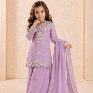 Ensemble Palazzo en Georgette Brodé Renard pour Filles, avec Kurta Ethnique à Manches Longues, Pantalon et Dupatta Fantaisie, Entièrement Cousu, Vêtements pour Enfants - Product Image 1