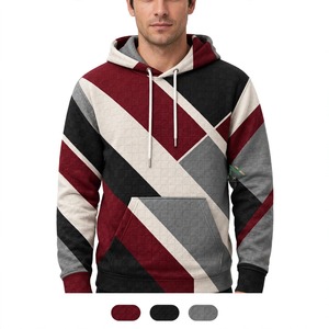 Men Burgundy Black White Grey Diagonal Stripe <b>Quilted</b> <b>Hoodie</b> Color Block Textured Cotton Fleece Casual Winter Pullover Tops - Product Image 6