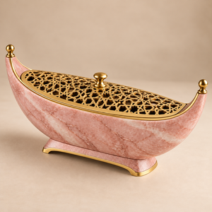 Brûleur à Bakhoor de Luxe en Forme de Bateau Arche de Noé, en Acier Inoxydable avec Couvercle Jali Doré, Résine Effet Marbre Premium, Encens Oud Printemps-Été - Product Image 1