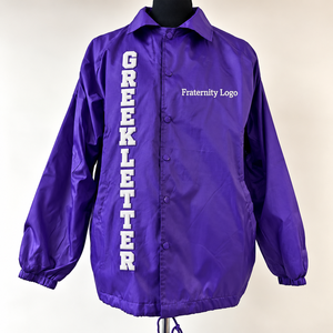 Chaqueta Coach Personalizada Omega con Doble Costura, Color Morado, Letras Griegas, Botones y Logotipo de Fraternidad Personalizado - Product Image 4
