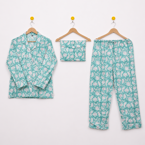 Ensemble de pyjama à imprimé floral pour femmes, vêtements de nuit à manches longues, trois pièces, vêtements de détente en coton mélangé, vêtements de maison - Product Image 1