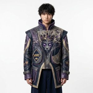 Purple Vintage Distressed Leather Long Coat <b>Mens</b> <b>Gothic</b> Crown Demon Face Embroidered Flap Pocket Outerwear - Product Image 1