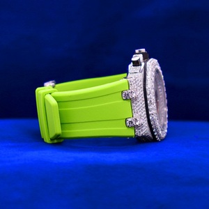 Luxury Men's Moisssanite Encrusted <b>Chronograph</b> Watch Green Silicone Band Round Case Analog Quartz Movement Dial - Product Image 2