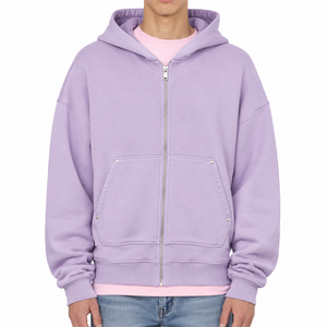 Sudadera con Capucha y Cremallera para Hombre, Talla Grande, de Forro Polar, Color Sólido, Informal, para Invierno, Corte Regular, de Algodón Tejido, Color Morado - Product Image 3