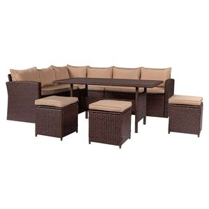 8-Piece Brown Wood Grain Outdoor Rattan Dining Set with Khaki Cushions & Plastic Wood Surface Garden Furniture - Product Image 2