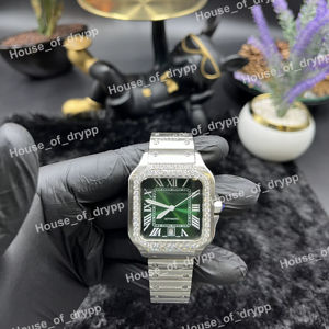 Reloj de Pulsera Cuadrado de Acero Inoxidable con Incrustaciones de Diamantes Moissanite, Esfera Verde con Números Romanos, Movimiento Automático, Fecha, Reloj de Moda - Product Image 1