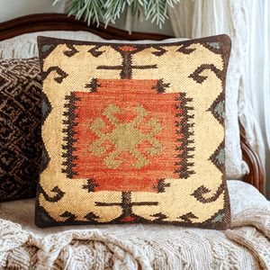 Ensemble de coussins carrés de luxe en jute et laine, motif géométrique multicolore, écologique, décoration intérieure, fabriqué en Inde - Product Image 4