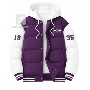 Veste matelassée personnalisée du Conseil NCNW avec logo brodé sur le devant, couleur violet et blanc, manches longues, pour femme - Product Image 1
