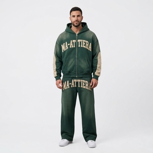 Conjunto de chándal de dos piezas con sudadera con capucha extragrande personalizada con cremallera y pantalones deportivos de pierna ancha - Product Image 1