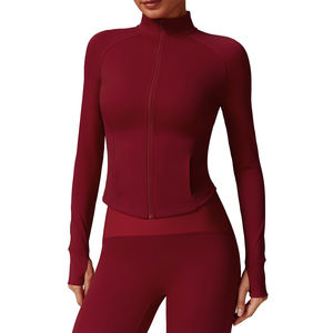 Women Burgundy Racerback <b>Turtleneck</b> Full Length Zipper Yoga Top Thumb Holes Seamless Active Stretch High Waist Polyester Set - Product Image 1