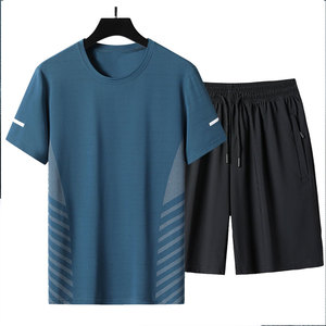 Ensemble de t-shirts sportifs d'été pour hommes, noir, à séchage rapide, col rond, manches courtes, avec short en mesh, 2 pièces, vêtements de sport - Product Image 2