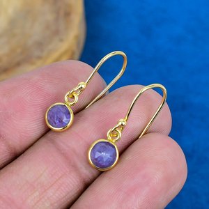 Natural Purple Tanzanite Round Shape Gemstone Drop Earring Handmade 18k Micron Gold Over 925 <b>Sterling</b> <b>Silver</b> - Product Image 3