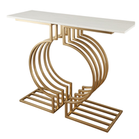 Table console finition or, table d'entrée étroite, table de canapé, meuble d'appoint de couloir avec structure géométrique en acier et plateau en verre trempé