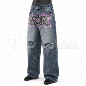 Pantalones Vaqueros Anchos Azules Lavados Personalizados para Hombre al por Mayor con Estampado de Grafiti, Vaqueros Rotos, Estilo Urbano, Ajuste Holgado - Product Image 3