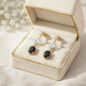 <b>Rainbow</b> Moonstone and Black Obsidian Dangle <b>Drop</b> Earrings with CZ Accent Elegant Round Gemstone Earrings in 925 Sterling Silver - Product Image 5