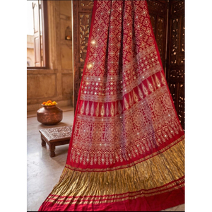 Sari de Lujo de Seda Modal Pura con Estampado Ajrakh y Trabajo de Espejo, Hecho a Mano por Artesanos, Estampado en Bloque, Diseño Étnico para Mujer - Product Image 1