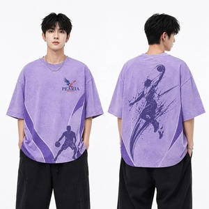 T-shirt vintage oversize 100 % coton pour homme, délavé effet soleil, tricoté, imprimé numérique basketball, 320g, streetwear décontracté de haute qualité - Product Image 3