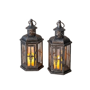 <b>Set</b> Of 2 Vintage Grey Metal Candle <b>Lanterns</b> Decorative Hanging <b>Lanterns</b> With Tempered Glass For Indoor Outdoor Home And Parties - Product Image 1