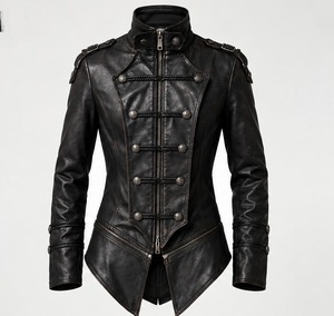 Men's Black Leather <b>Jacket</b> With Double Breasted Zipper Closure Stand Collar - Product Image 6