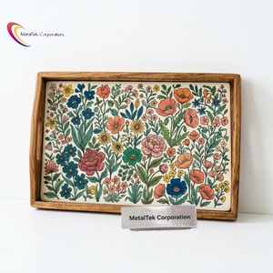 Plateau de service artisanal en bois d'acacia avec incrustation émaillée de qualité supérieure, rectangulaire, décoratif, pour la maison et l'accueil - Product Image 1