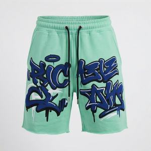 Shorts en toile délavée personnalisés pour hommes, style vintage, en polyester et coton, imprimé en relief, effet vieilli, avec strass sur le devant, vêtements streetwear - Product Image 1