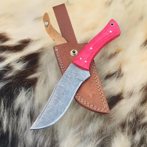 Cuchillo de Camping Hecho a Mano con Hoja de Acero de Damasco, Borde Recto, Mango de Madera Pakka, Funda de Cuero, Personalizable ODM - Product Image 5