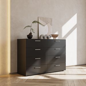 Cómoda Doble Moderna de Roble con 8 Cajones para Dormitorio, Sala de Estar y Entrada (Negra) - Product Image 1