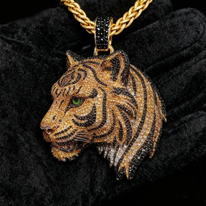 Tiger Head Pendant 18K Gold Plated <b>Crystal</b> Rhinestone Hiphop Men's Jewelry <b>Animal</b> Themed Charm Everyday Wear - Product Image 1