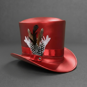Premium quality custom made Handmade Red Leather <b>Top</b> Hat With <b>Feathers</b> Steampunk Victorian Festival Cosplay Hat - Product Image 5