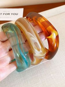 Vintage <b>Resin</b> Bangle Bracelets Set in Teal Amber Brown Transparent Colors Unisex Fashion Jewelry Gift - Product Image 1