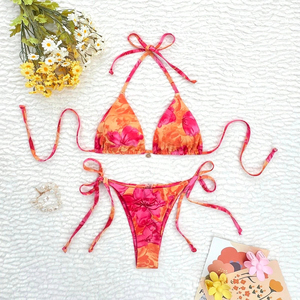 Women's Floral Print Bikini Set Halter <b>Neck</b> <b>Tie</b> Side Swimwear Two Piece Spandex Polyester Stretch Beachwear - Product Image 1