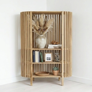 Étagère d'angle en teck massif, bibliothèque minimaliste en bois, meuble à lattes, organisateur vertical pour salon, fabricant exportateur - Product Image 4