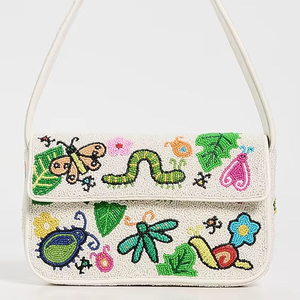 White Beaded Embroidery Shoulder Bag <b>Cute</b> Garden Insect Pattern Caterpillar Butterfly Snail <b>Purse</b> Women Summer - Product Image 1