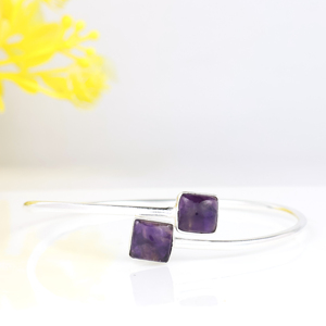 Wholesale 925 Sterling Silver Plated Natural Amethyst Cuff <b>Bracelet</b> Square <b>Stone</b> Handmade Gemstone Bangle Jewelry for Women - Product Image 2