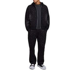 Custom Acid Wash Rhinestone Cotton Zip up Hoodie Set Embroidery Streetwear <b>Tracksuit</b> Heavyweight Men Sweatpants and Hoodie Set - Product Image 1