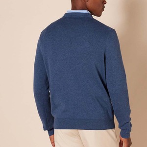 <b>Men's</b> <b>V</b>-<b>Neck</b> Knitted Pullover <b>Sweater</b> Solid Blue Regular Fit Casual Autumn Wear 100% Cotton Breathable Long Sleeve - Product Image 2