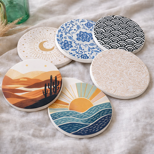Sous-verres ronds en céramique écologiques CALA au design abstrait avec support en liège - Product Image 1