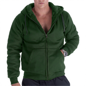 Sweat-shirt à capuche zippé pour homme, couleur unie, polaire, décontracté, coupe classique, 100% coton, respirant, tricoté, manches longues - Product Image 4