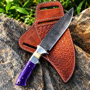Cuchillo de Acero de Damasco Hecho a Mano y Personalizado con Funda de Cuero Genuino, Cuchillo de Hoja Fija para Caza, Camping y Actividades al Aire Libre con Grabado Personalizado - Product Image 3