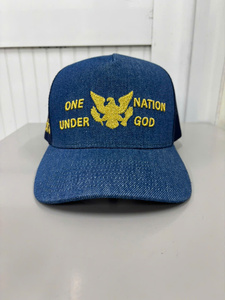Customizable Embroidery 5 Panel Middle Profile Breathable <b>Navy</b> Mesh Back Denim Trucker <b>Hat</b> for Adults Vietnam Made Casual Wear - Product Image 1
