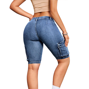 Womens Mid Waist Washed <b>Stretch</b> <b>Denim</b> Cargo Biker Shorts Skinny Fit Multi Pocket Casual Summer Cycling OEM Wholesale Quick Dry - Product Image 2