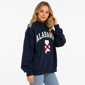 เสื้อสเวตเชิ้ตคอเต่าผู้หญิง ลายปักอักษร ALABAMA พร้อมแผนที่รัฐ ผ้าฟลีซหนานุ่ม ทรงโอเวอร์ไซส์ ผ้าฝ้าย 100% สไตล์สตรีทแวร์ - Product Image 3