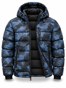 Men's Blue Hooded Waterproof Quick Dry Puffer <b>Jacket</b> Winter Warm Windproof <b>Casual</b> Zipper Front Polyester Wadding Regular Fit - Product Image 2
