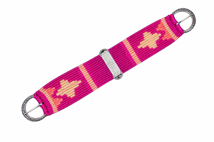 Cinch de lana rosa y cuero para caballo con patrón naranja y herrajes plateados (CINCH) - Product Image 1