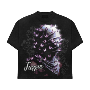 Camiseta de diseñador con doble cuello, bajo sin rematar, oversize, estilo streetwear, desgastada, de algodón grueso, corte boxy y corto - Product Image 1