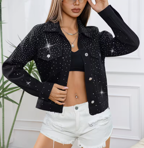 Black Sequined Denim <b>Jacket</b> Women <b>Cropped</b> Floral Pattern Formal Breathable Distressed Spring Outerwear - Product Image 6