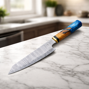 Cuchillo de Cocina Japonés Hecho a Mano con Hoja de Acero de Damasco y Funda de Cuero Premium, Mango de Madera y Resina para Chefs - Product Image 5