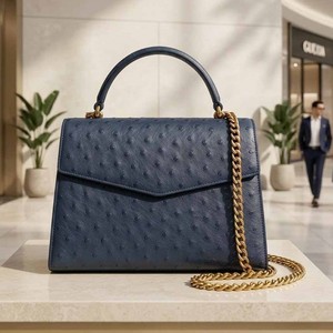 Sac à main en cuir d'autruche, sac à main vintage classique pour femmes en cuir véritable, sac à poignée supérieure détachable, sac à bandoulière - Product Image 2